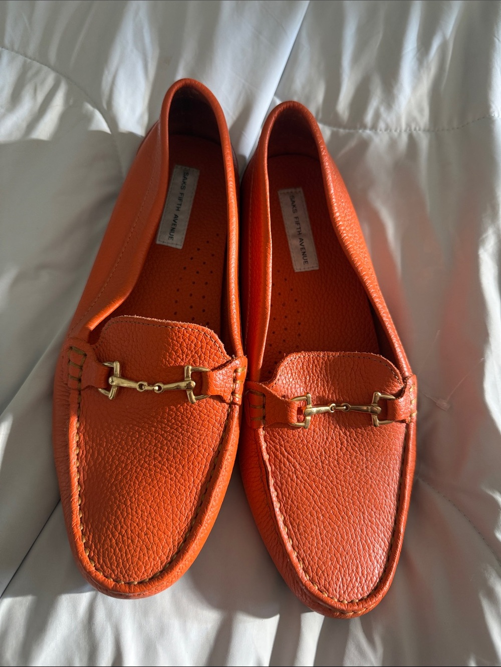 Saks Fifth Avenue Orange Pebbled Leather Loafers with Gold Hardware